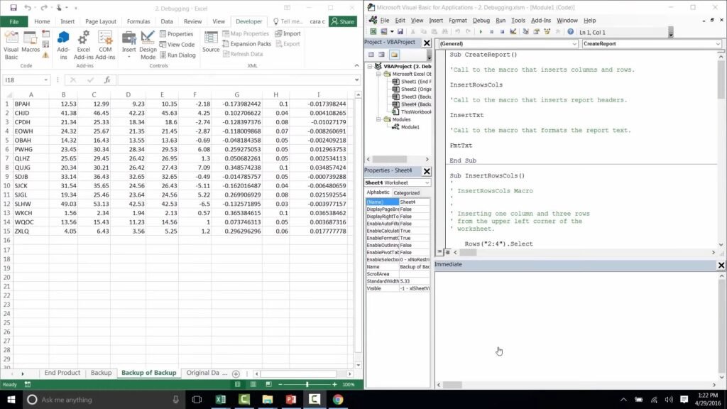 Excel worksheet with financial data and VBA editor open showing debugging code
