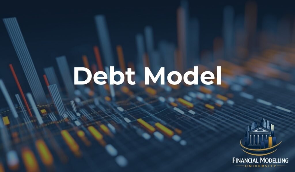 Graphic displaying “Debt Model” over financial charts and market data visualization
