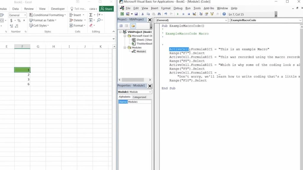Excel worksheet with VBA editor showing macro code in Visual Basic