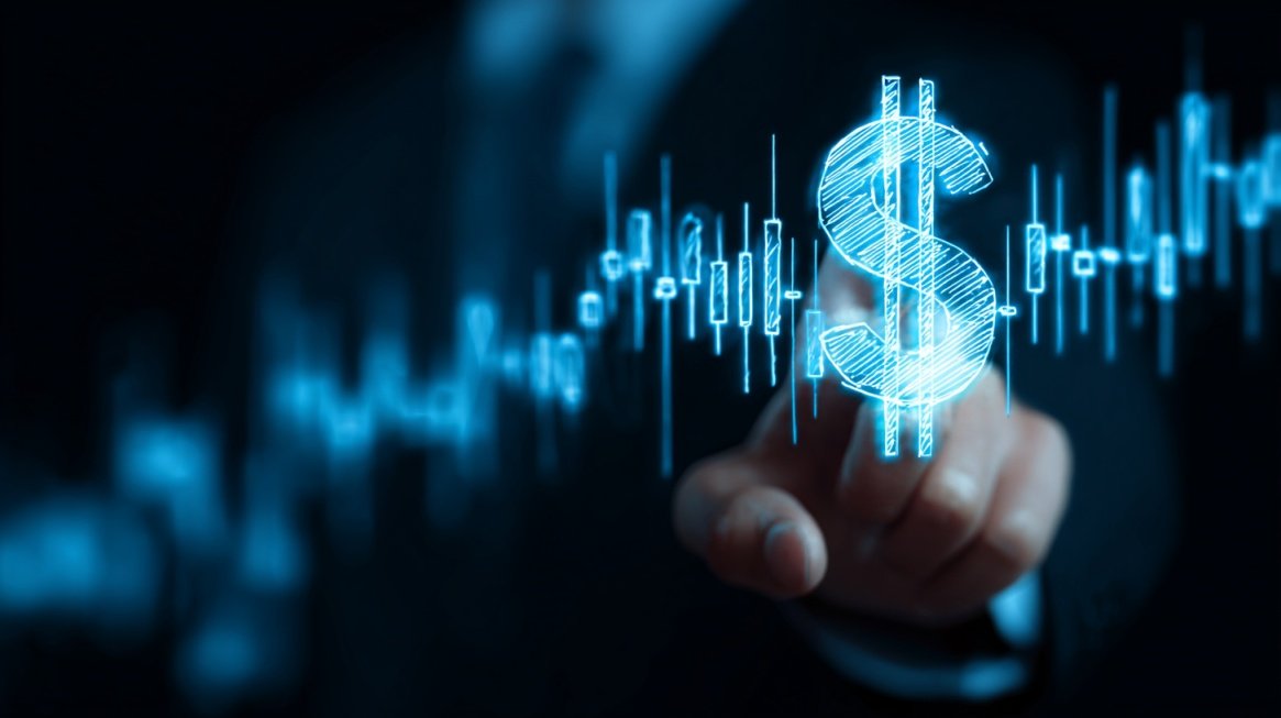 Hand pointing at glowing dollar symbol with financial charts in background