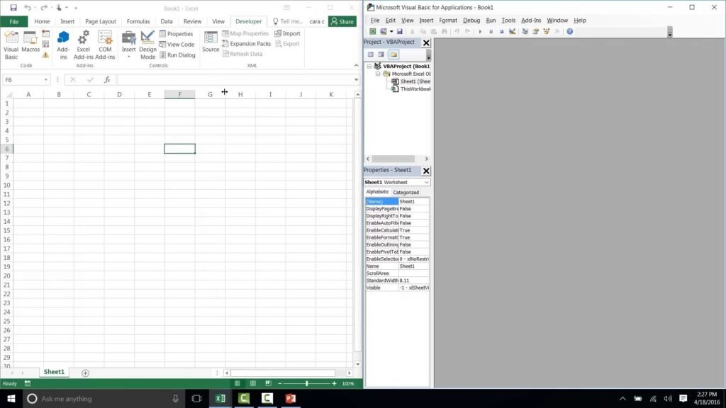 Excel spreadsheet with Visual Basic editor open showing VBA project window