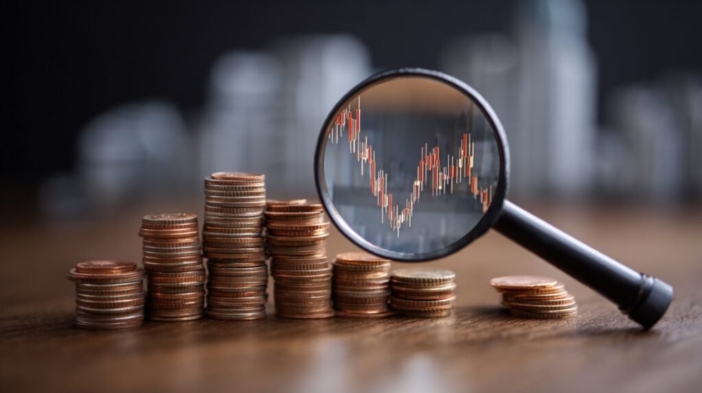 Magnifying glass over financial chart with stacked coins representing earnings