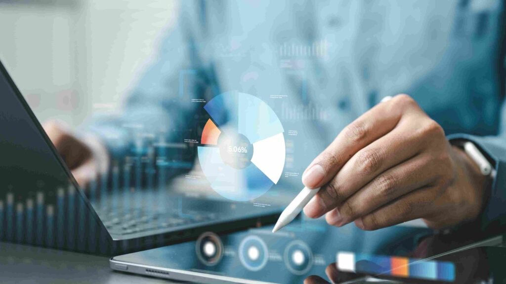 Person using a tablet with a digital financial chart and circular data visualization on screen