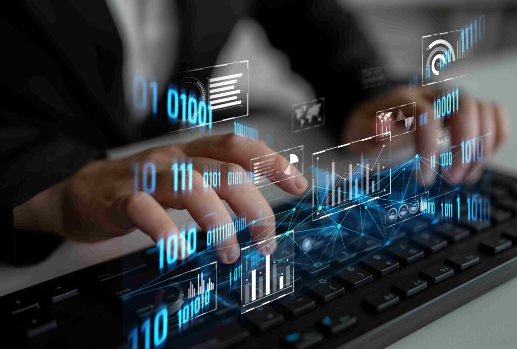 Person typing on a keyboard with digital financial charts and data overlays on screen