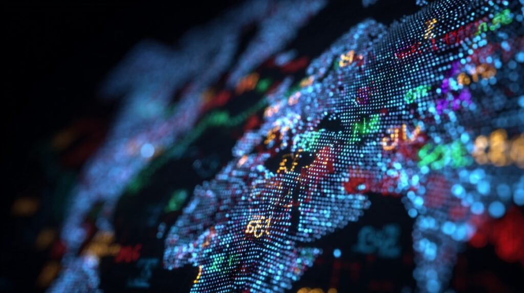 Digital global market data visualization with colorful financial indicators