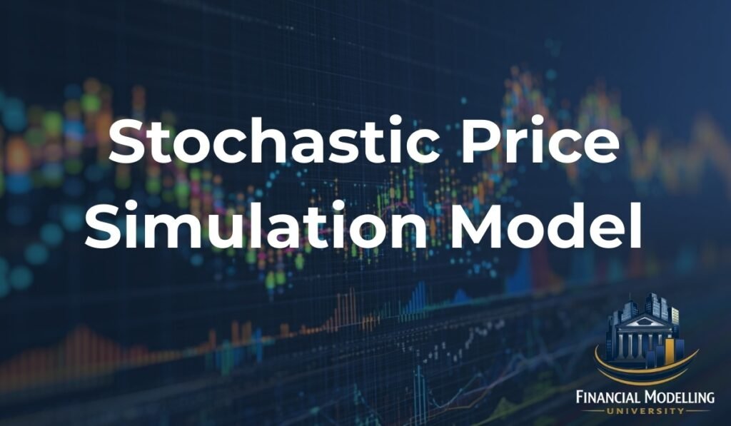 Graphic showing “Stochastic Price Simulation Model” over financial market charts and data