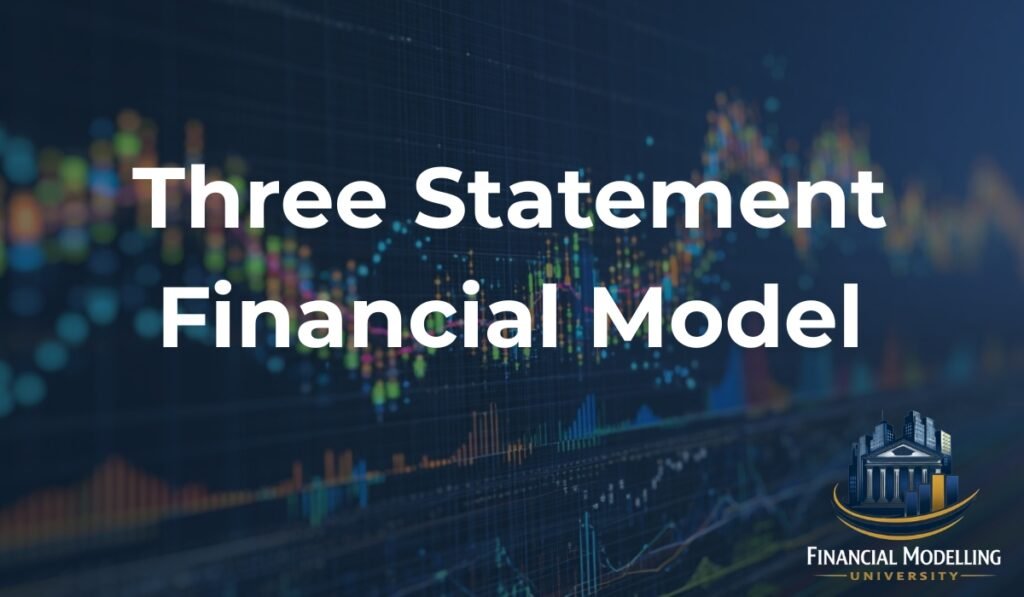 Three statement financial model concept with financial charts and market data background