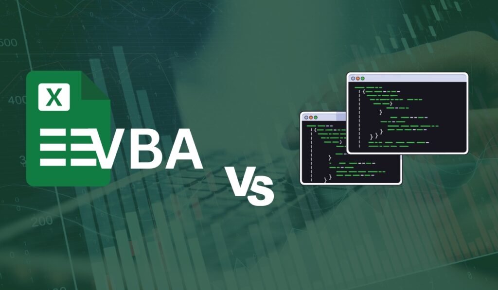 Illustration showing Excel VBA versus coding tools with charts in the background