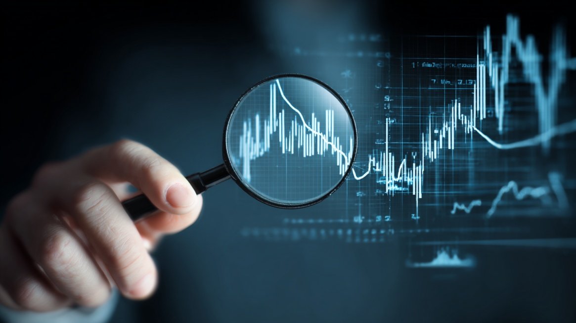 Magnifying glass focusing on financial charts and market data on a digital screen