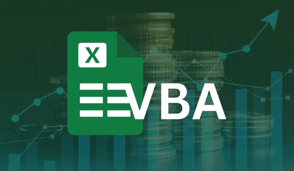 Excel VBA concept with spreadsheet icon, financial charts, and growth indicators