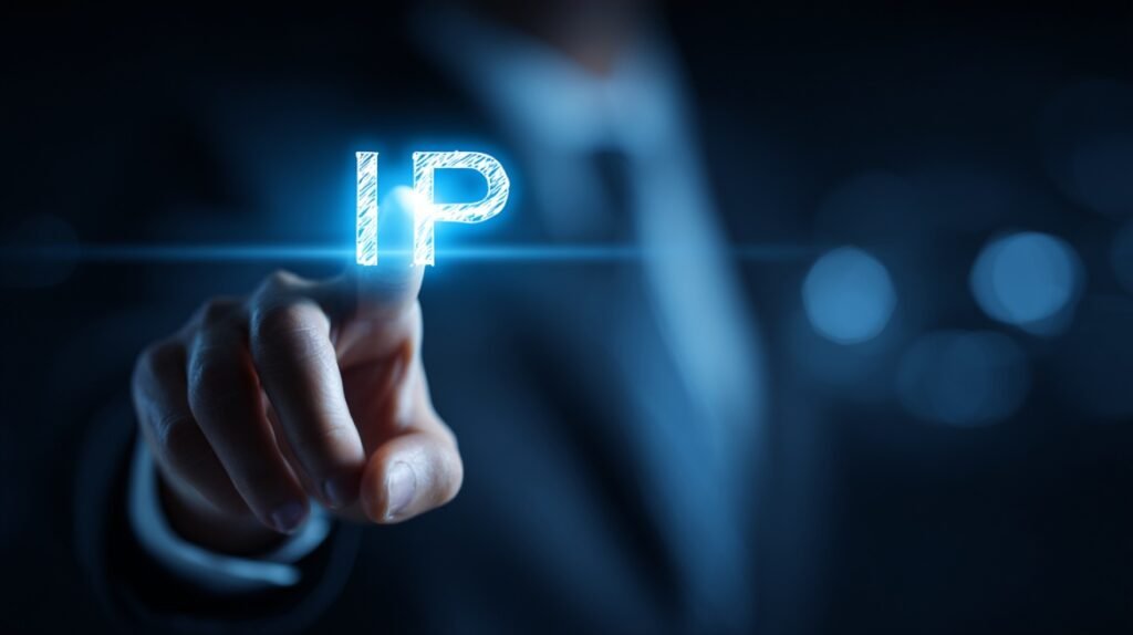 Hand pointing at glowing IP letters in a digital interface