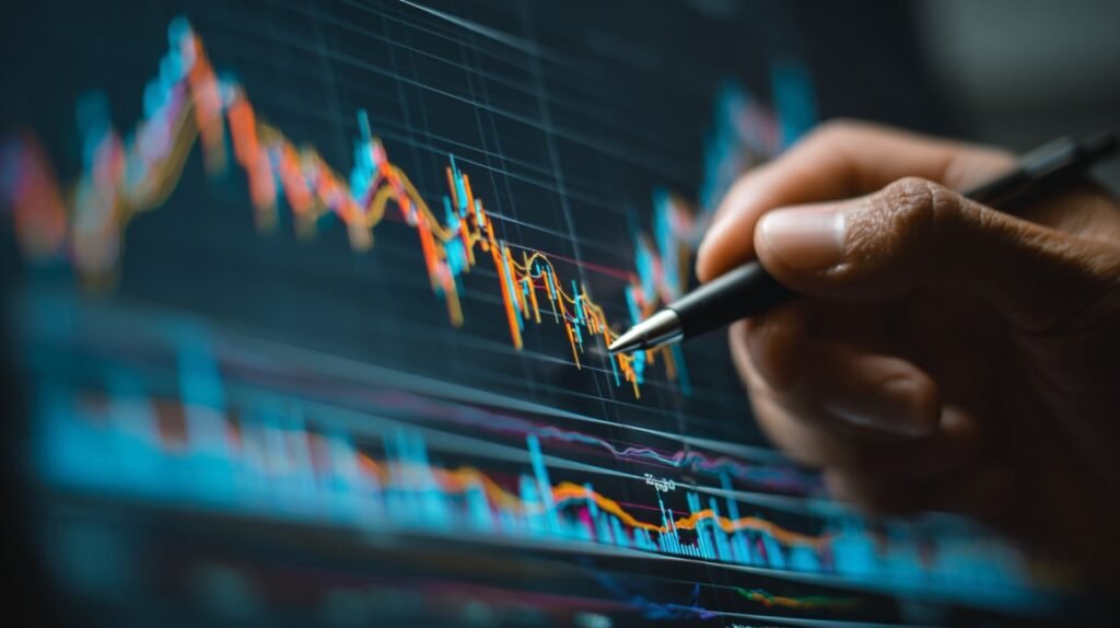 Hand pointing at a digital financial chart with fluctuating market data lines