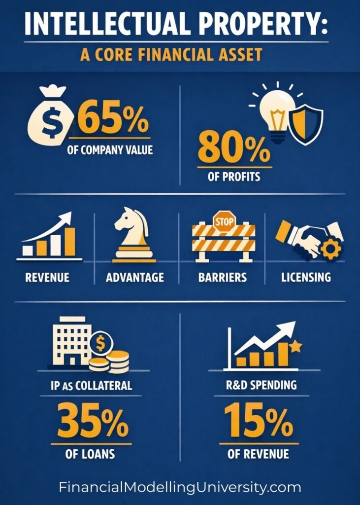 Infographic showing intellectual property as a core financial asset with key statistics and benefits