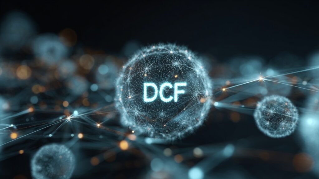 Digital network graphic with glowing DCF text representing financial modeling and valuation