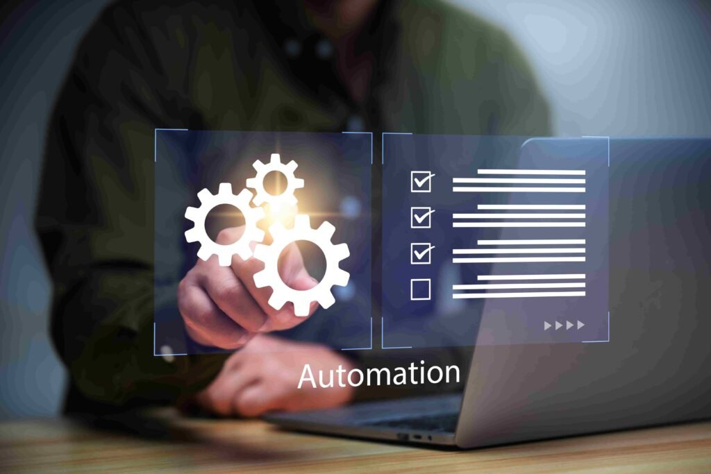 Person using a laptop with digital interface showing gears and checklist representing automation