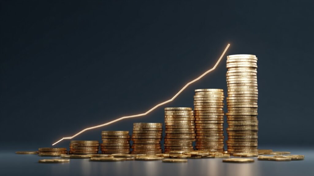 Stacks of coins increasing in height with an upward trend line showing financial growth