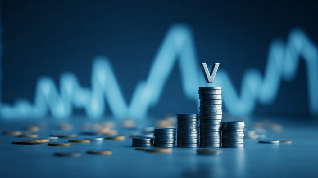Stacks of coins with a rising graph in the background representing terminal value in finance