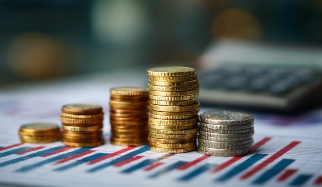 Stacks of coins on a financial chart with a calculator in the background representing working capital