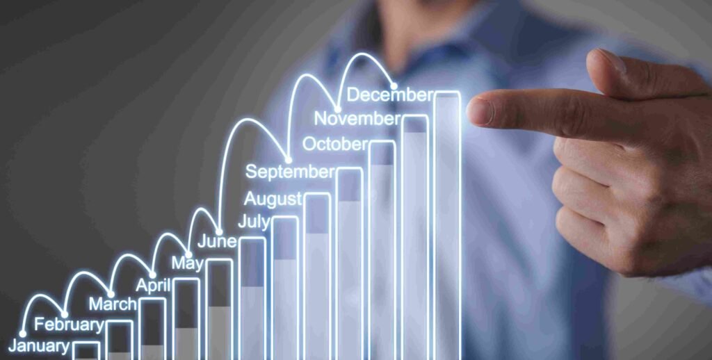 Person pointing at a financial growth chart showing monthly business performance and ratio analysis