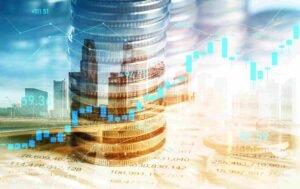 Growth Drivers and Assumptions in Financial Planning: Financial chart overlay with stacked coins and city skyline background