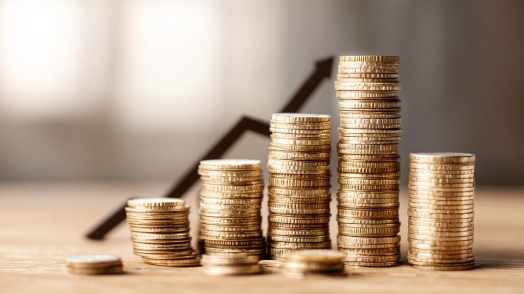 Stacks of coins increasing in height with an upward arrow in the background, symbolizing income growth and future cash flow valuation