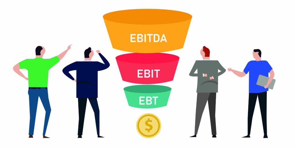 Illustration of people around a funnel showing EBITDA, EBIT, and EBT leading to money