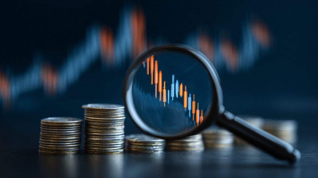 Stacks of coins and a magnifying glass highlighting a financial chart representing market-based valuation