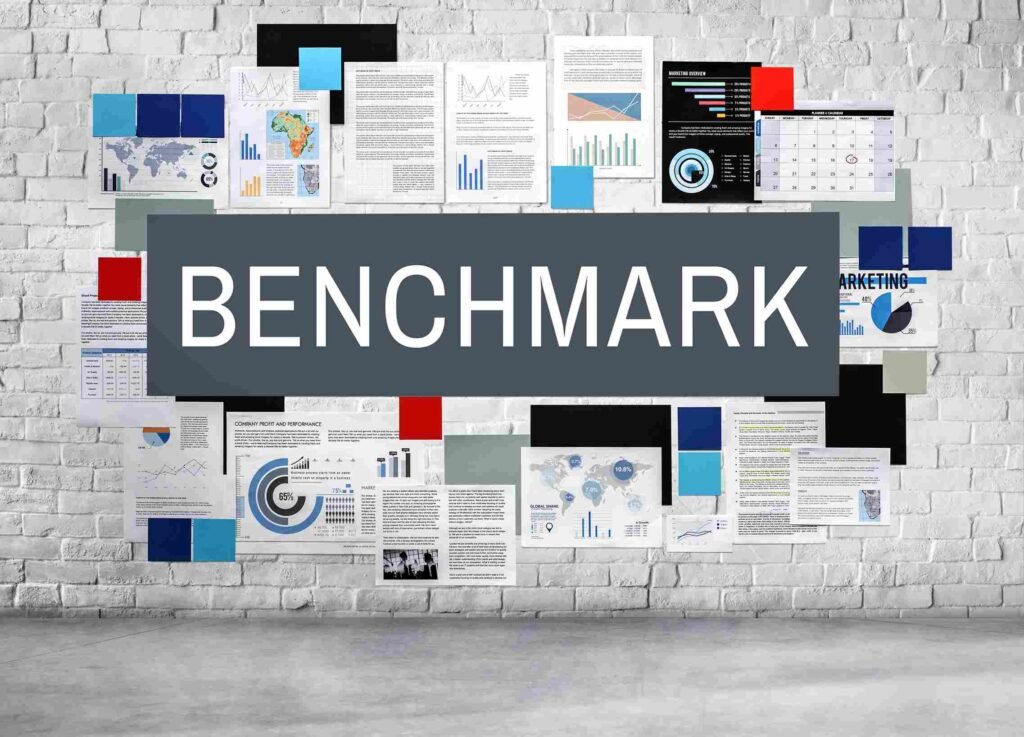 Wall display with charts, reports, and the word “Benchmark” highlighting business performance analysis