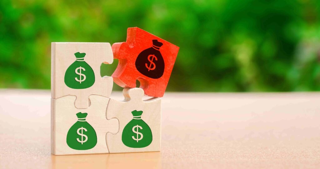 Puzzle pieces with dollar symbols being assembled, with one red piece standing out