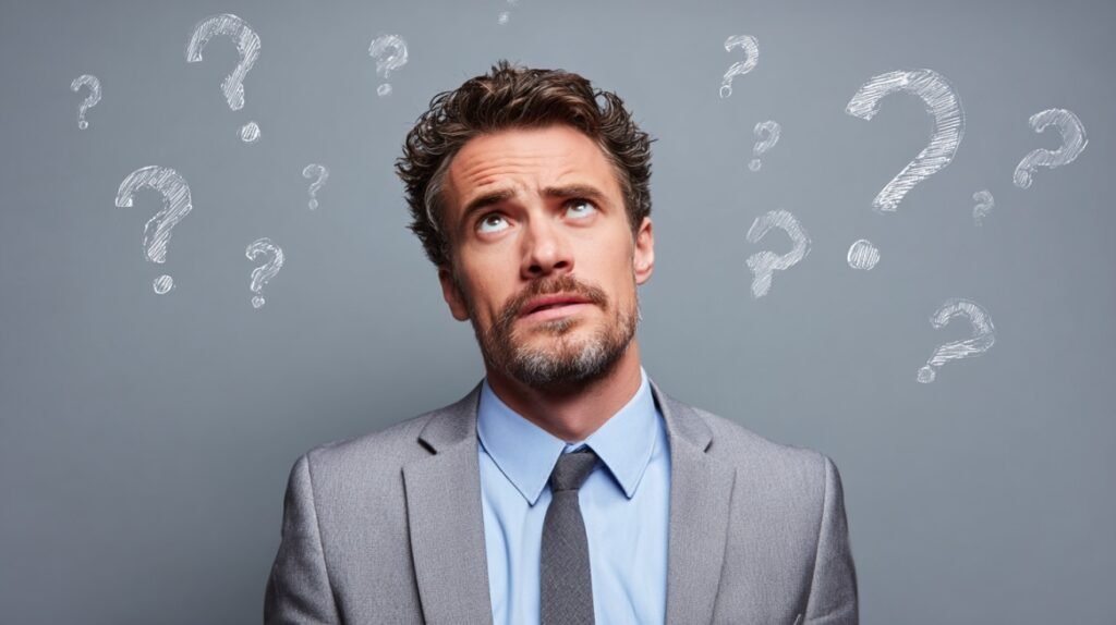 Business professional looking upward with question marks around him, symbolizing uncertainty in selecting an IP valuation method
