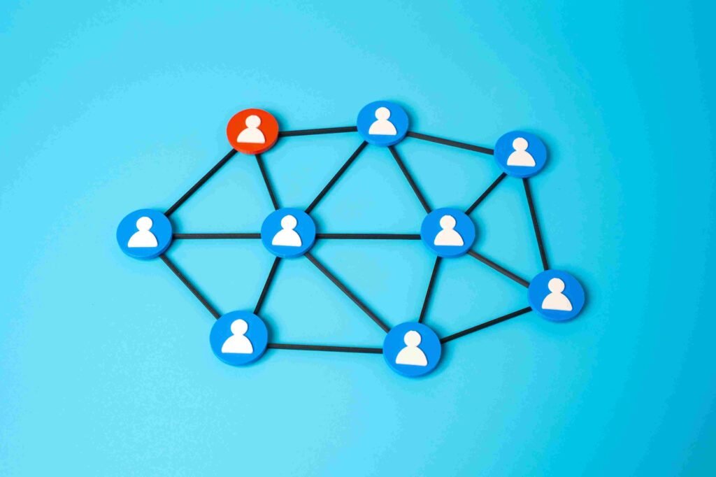Connected employee icons in a network diagram, representing workforce planning, staffing costs, and organizational structure