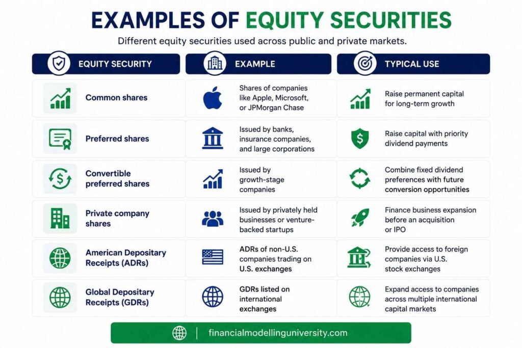 Infographic comparing common shares, preferred shares, ADRs, GDRs, and other equity securities with examples and uses.