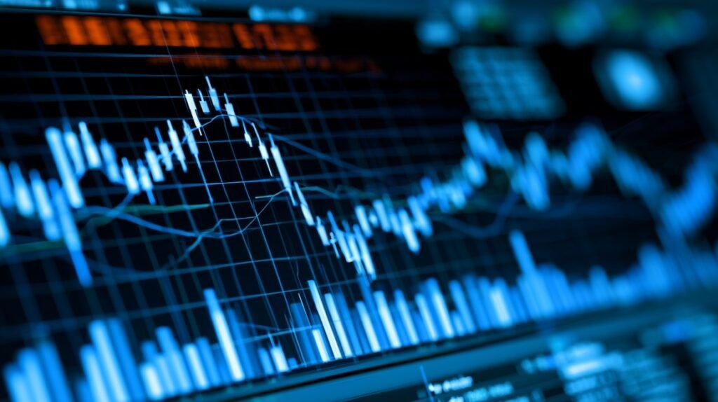 Close-up view of a financial trading screen with stock price charts, candlestick patterns, and market data.