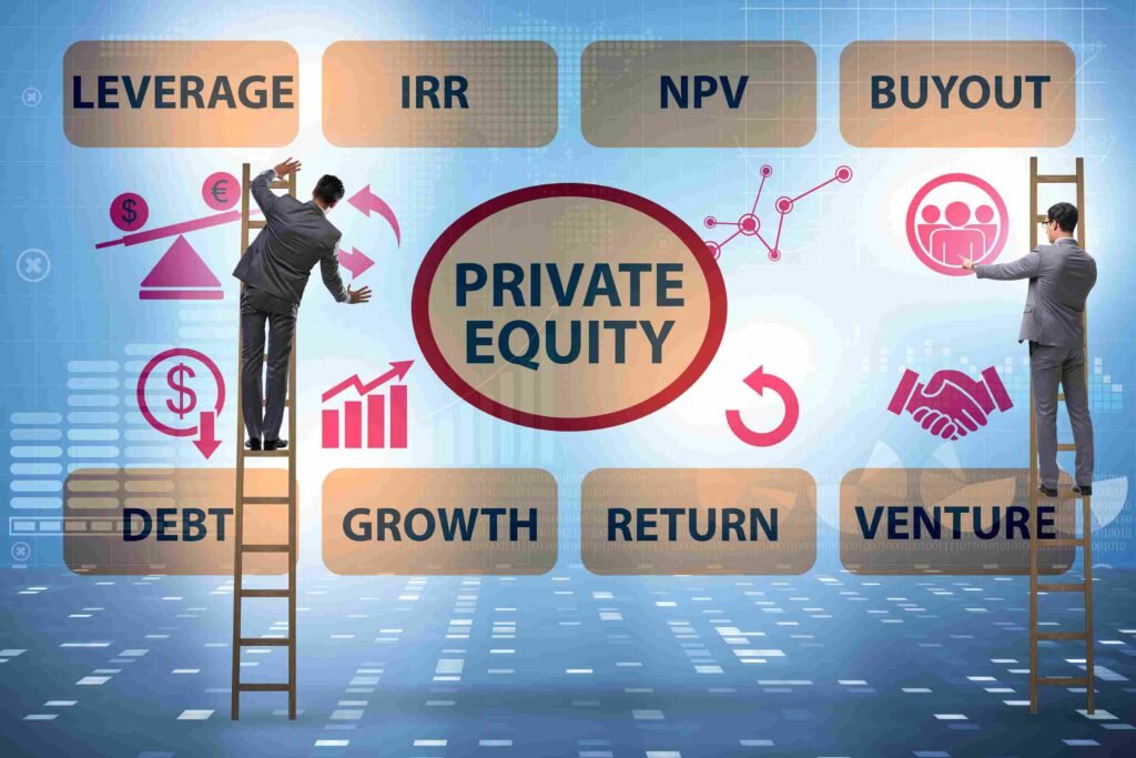 Illustration of private equity concepts including leverage, IRR, buyouts, debt, growth, and investment returns