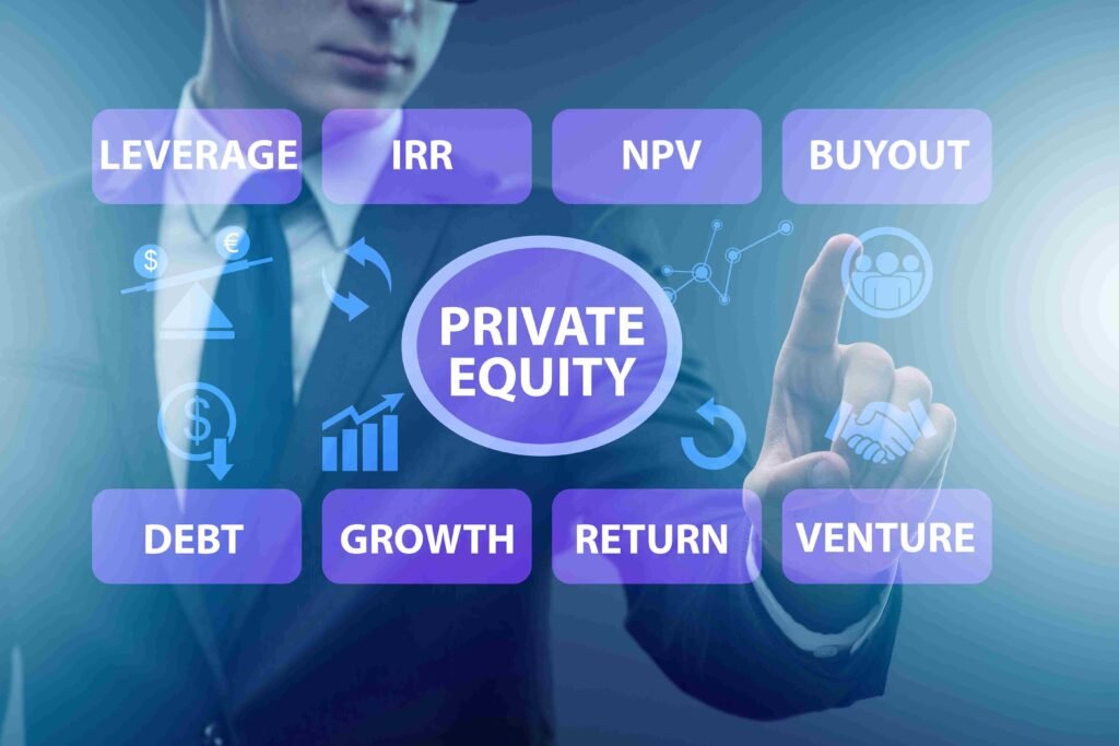 Business professional interacting with a digital private equity interface displaying leverage, IRR, NPV, growth, return, and venture concepts