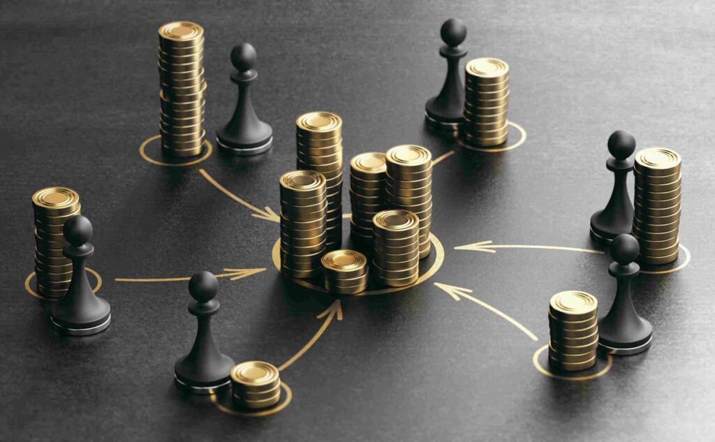 Illustration of coin stacks and markers connected by arrows, representing a private equity career hierarchy