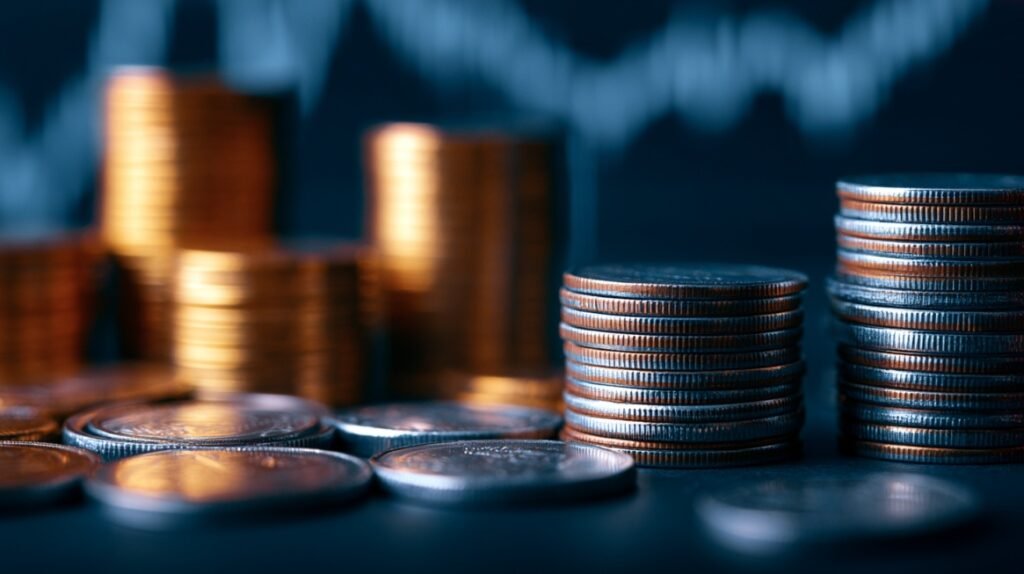 Close-up image of stacked coins with a financial market chart blurred in the background.