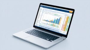Laptop screen showing financial analysis software with charts, graphs, and business performance metrics of Equity Securities.