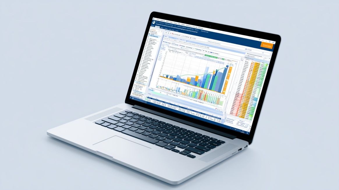 Laptop screen showing financial analysis software with charts, graphs, and business performance metrics of Equity Securities.