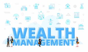 Illustration featuring the words "Wealth Management" surrounded by financial icons and business professionals