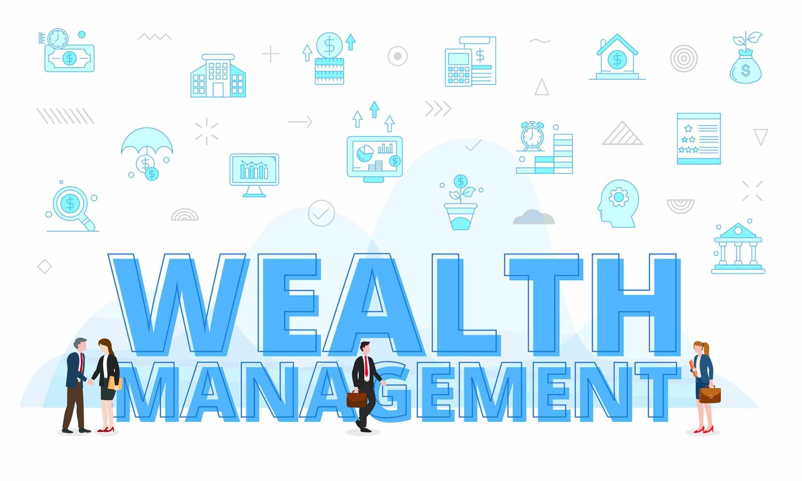 Illustration featuring the words "Wealth Management" surrounded by financial icons and business professionals