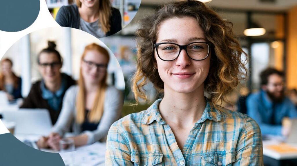 Young finance professional standing in a collaborative office.