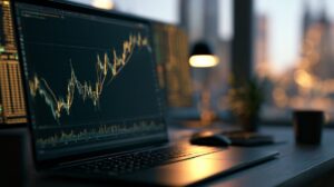Commodity Trading - Laptop screen showing a rising trading chart in a dim office setting.