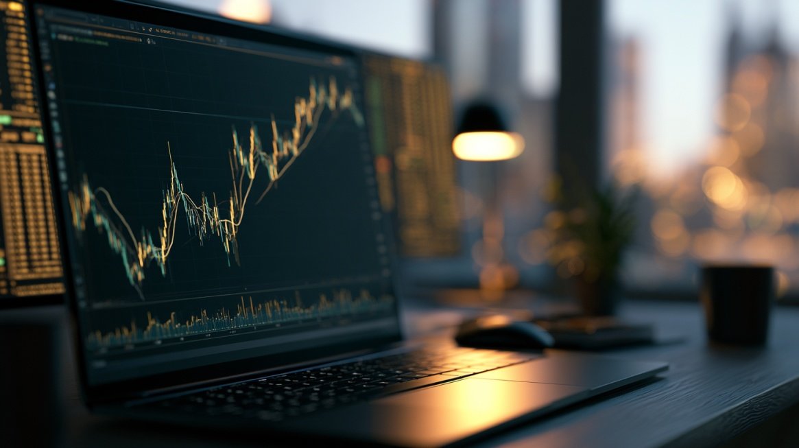 Commodity Trading - Laptop screen showing a rising trading chart in a dim office setting.
