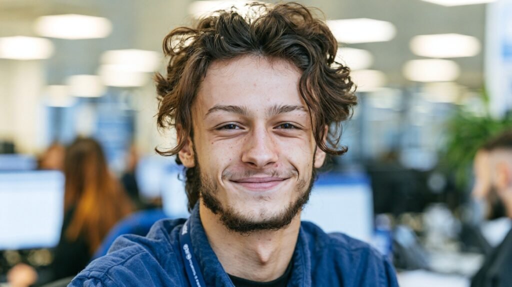 Young CFA finance professional smiling in a modern office.