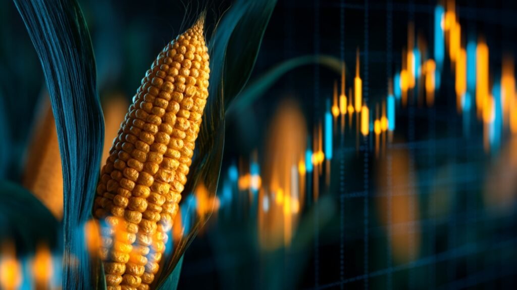 Close-up of corn with glowing commodity price charts in the background.