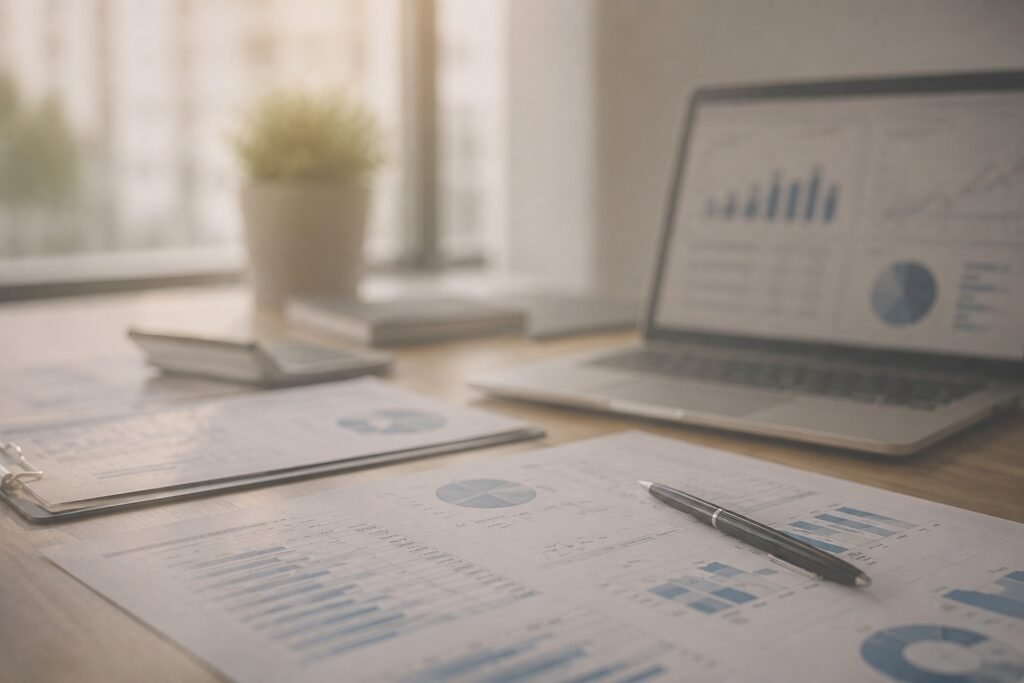 Residual Income - Corporate financial reports and laptop displaying business charts.
