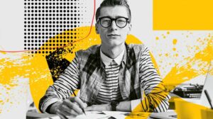 Stylized portrait of a CFA finance student working at a desk with yellow graphic elements.