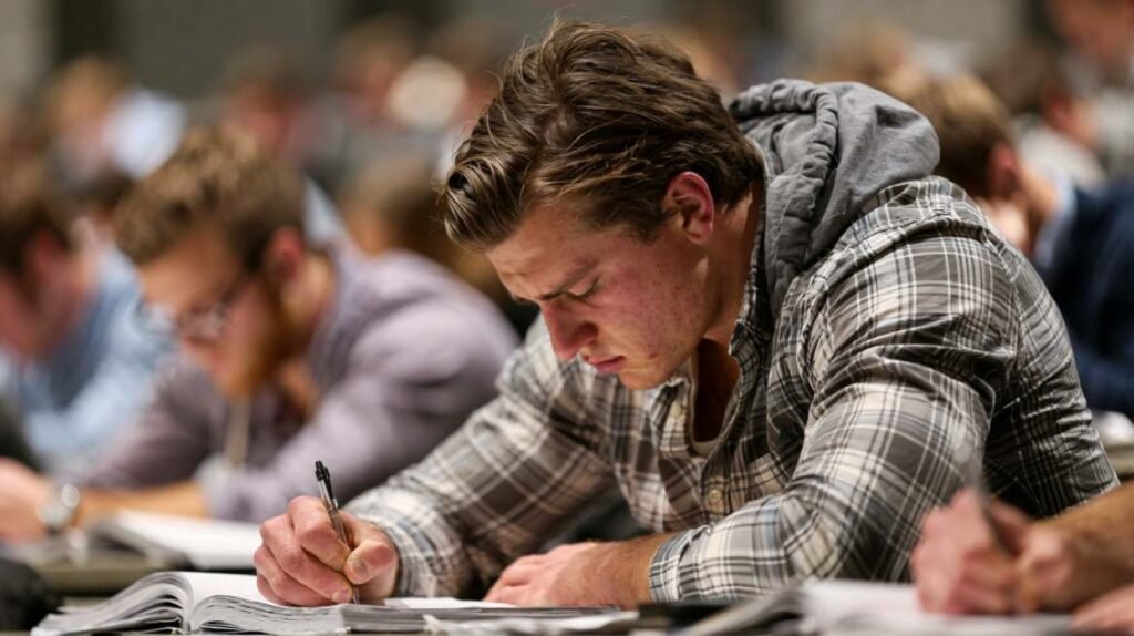 Candidate writing an exam in a crowded testing room.