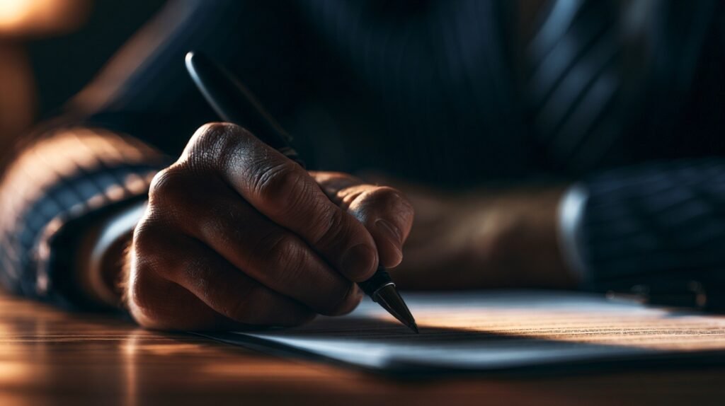 Professional signing financial membership documents at a desk.
